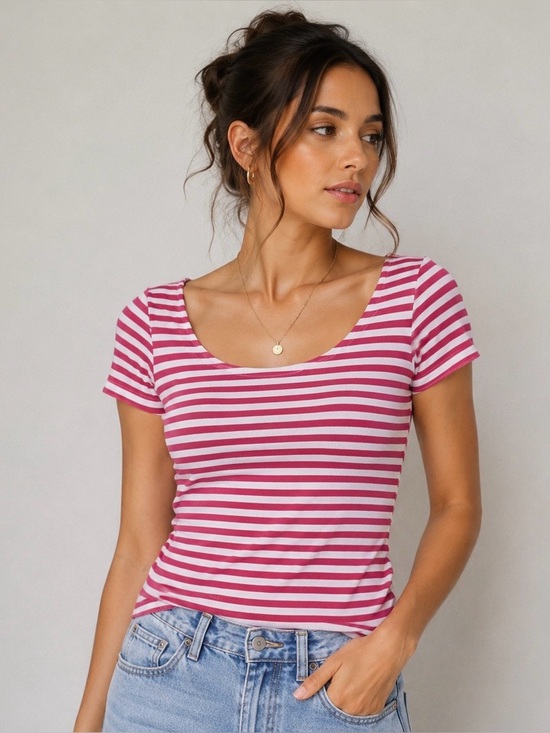 Express Tops - NEWE xpress Tricot Pink &White 100%Cotton Striped Fitted Scoop Neck Tee Women XS
